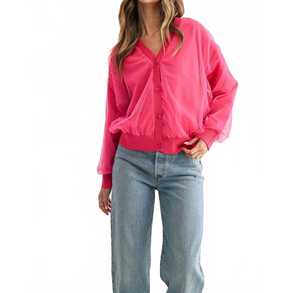 NEW JOH steven sheer ribbed cardigan in hot pink